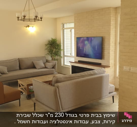 סלון עם ספות אפורות וטלוויזיה על קיר לבנים